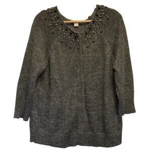 Coldwater Creek Beaded Mohair-Blend Cardigan Gray L 14-16 3/4 Sleeve Embellished